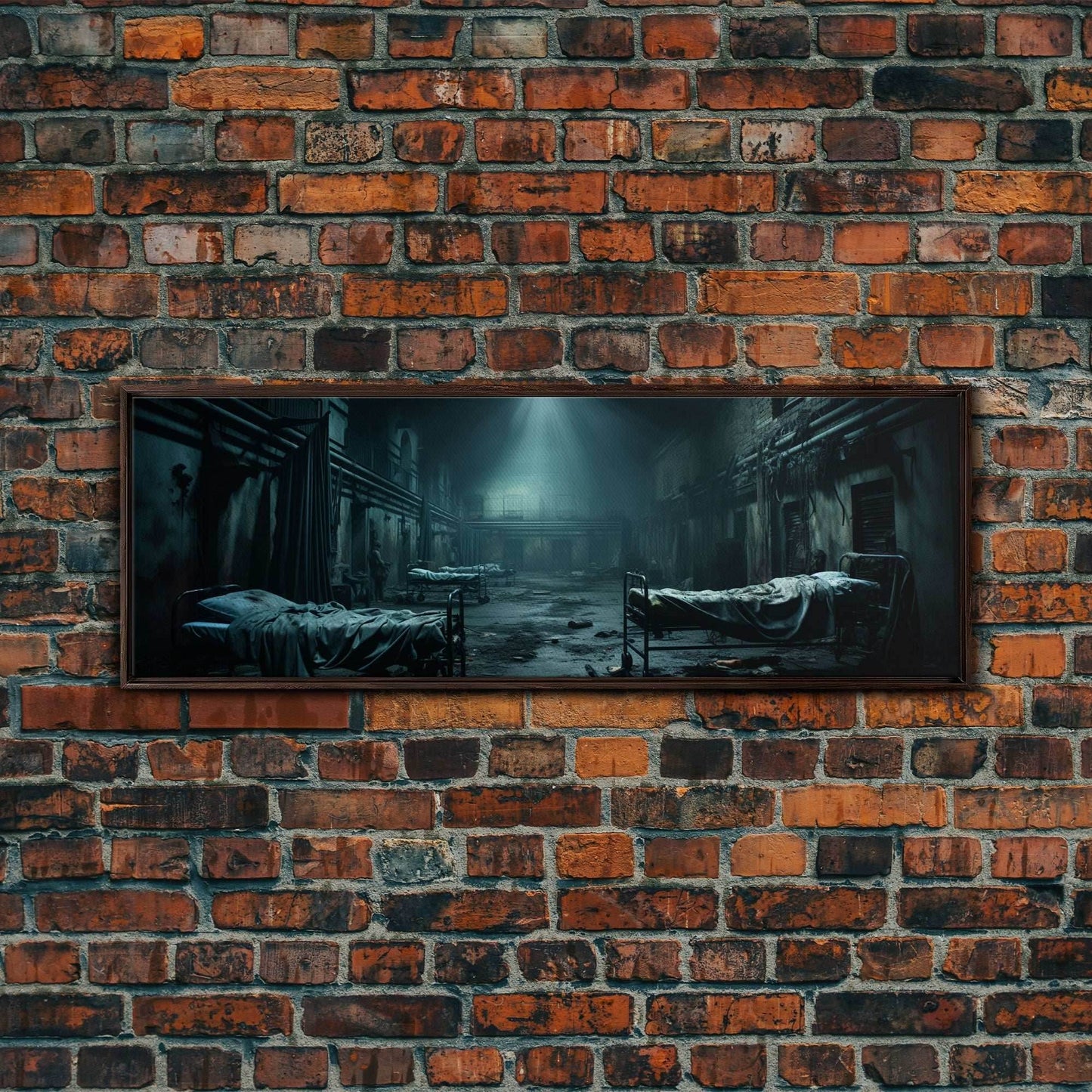 An Abandoned Insane Asylum, Canvas Print Framed Halloween Art, Spooky Decor Panoramic Halloween Art, Halloween Wall Art, Halloween Art Print - 10x30 Inches / Walnut Frame