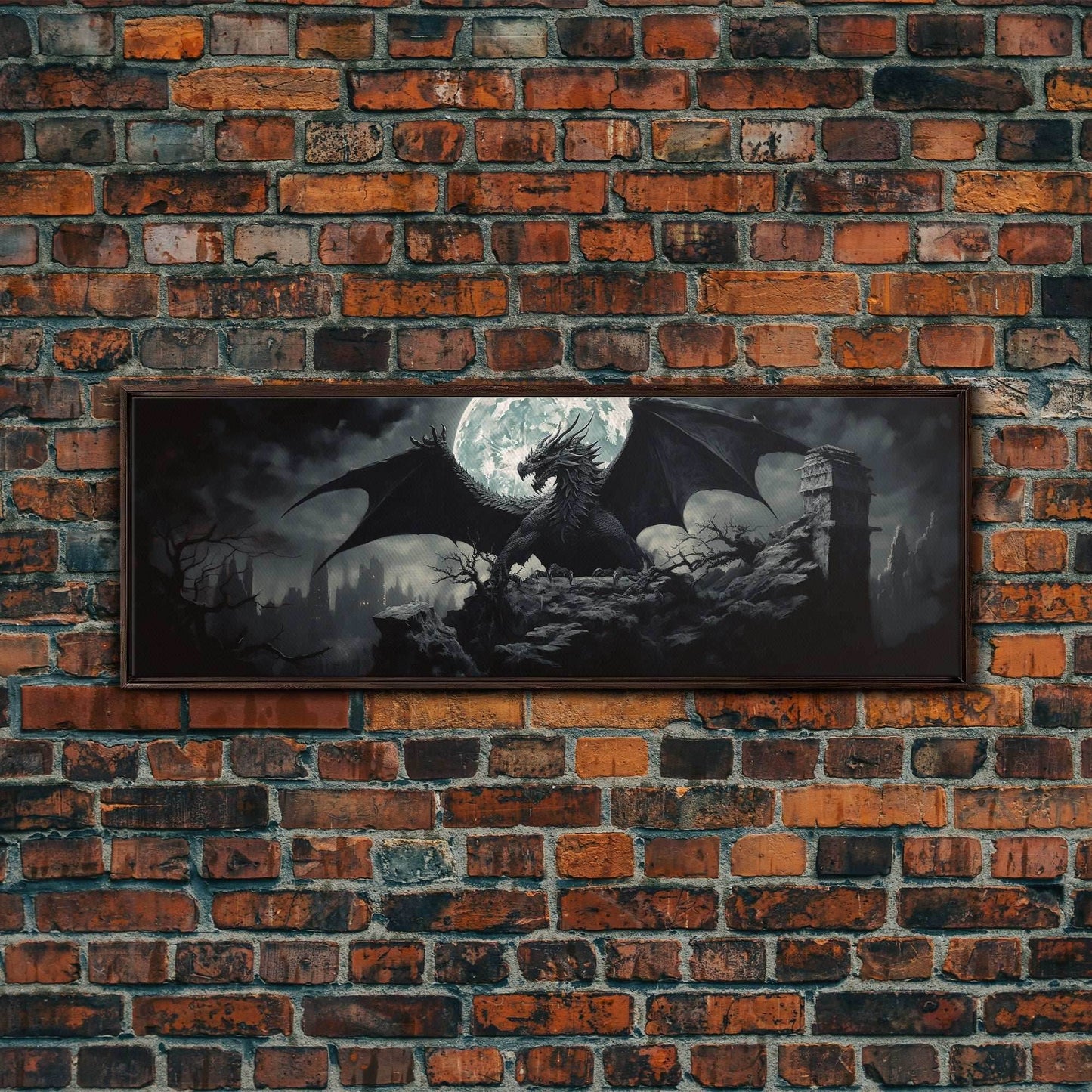 The Dragon, Framed Canvas Print, Panoramic Fantasy Painting, Fantasy Decor, Dragon Art, Dragon Painting, Dragon art print - 10x30 Inches / Walnut Frame