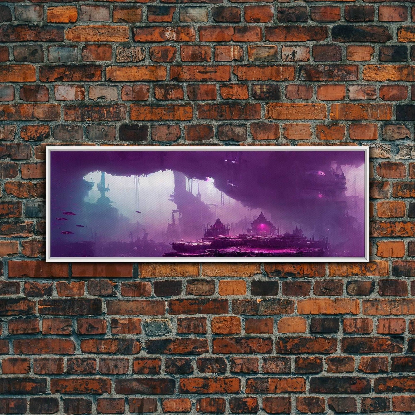 Panoramic Fantasy Underwater City, Purple Art, Extra Large Wall Art, Framed Panoramic Canvas Print, Framed Wall Decor - 10x30 Inches / White Frame