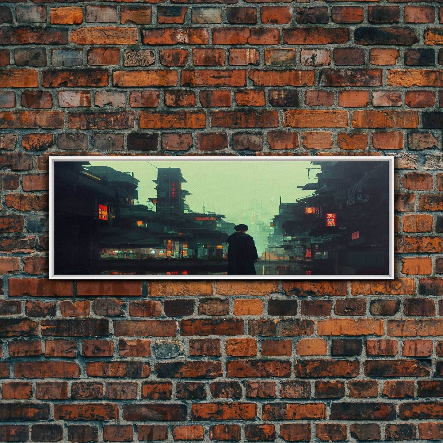 80s style Cyberpunk Japanese City, Retro Punk Tokyo, Framed Canvas Print, Framed Wall Art, Large Panoramic Wall Decor - 10x30 Inches / White Frame