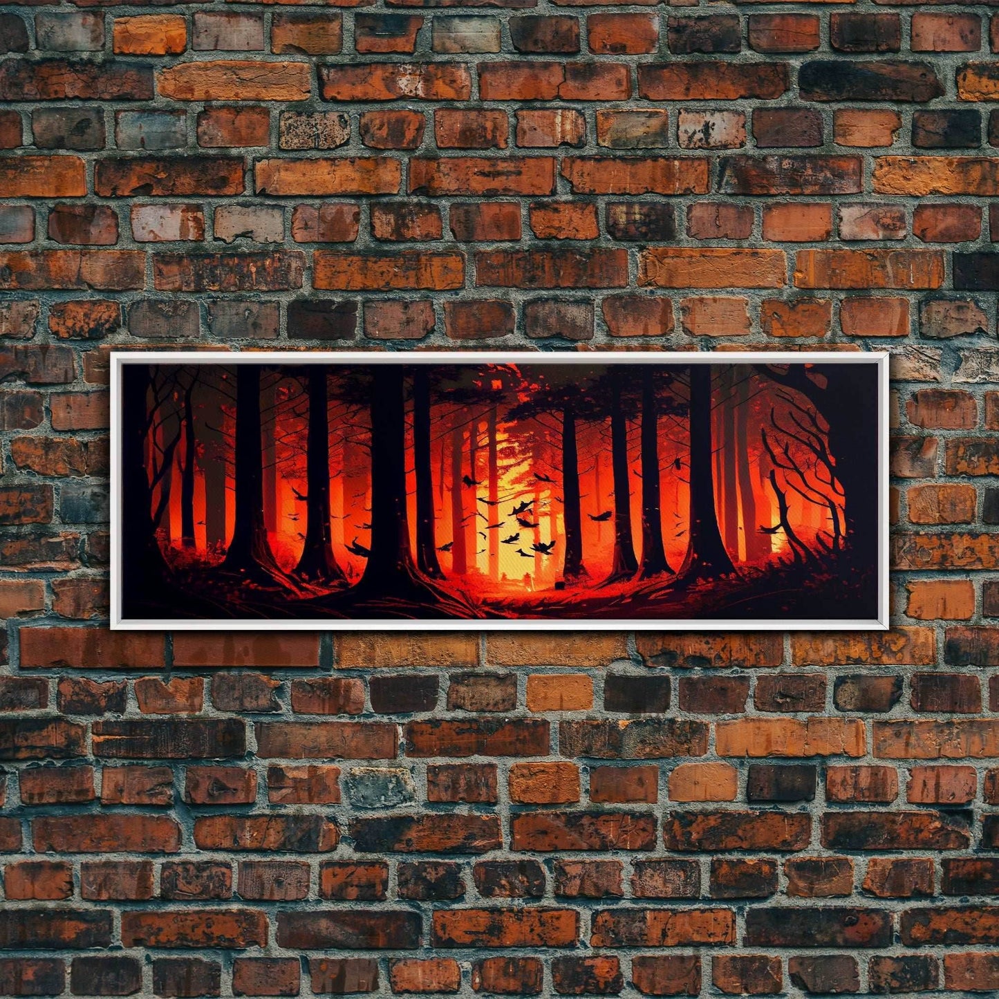 Forest Landscape Art, Forest Fire, Fall / Autumn Decor, Panoramic Wall Art, Framed Canvas Print, Orange and Yellow Fantasy Forest - 10x30 Inches / White Frame
