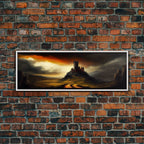 Panoramic Dark Fantasy Wall Art, Framed Canvas, Wood Frame Art, The Dark Castle Oil Painting Fantasy Decor, DND Art - 10x30 Inches / White Frame