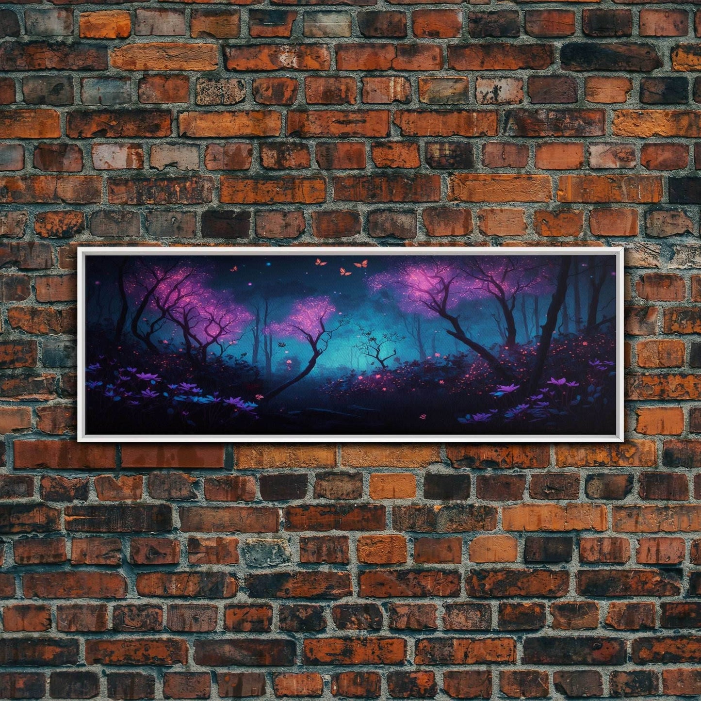 Beautiful Fantasy Forest, Framed Canvas Print, Fantasy Art, Butterflies and Fireflies Light up a Fairy Forest At Night, Framed Wall Art - 10x30 Inches / White Frame