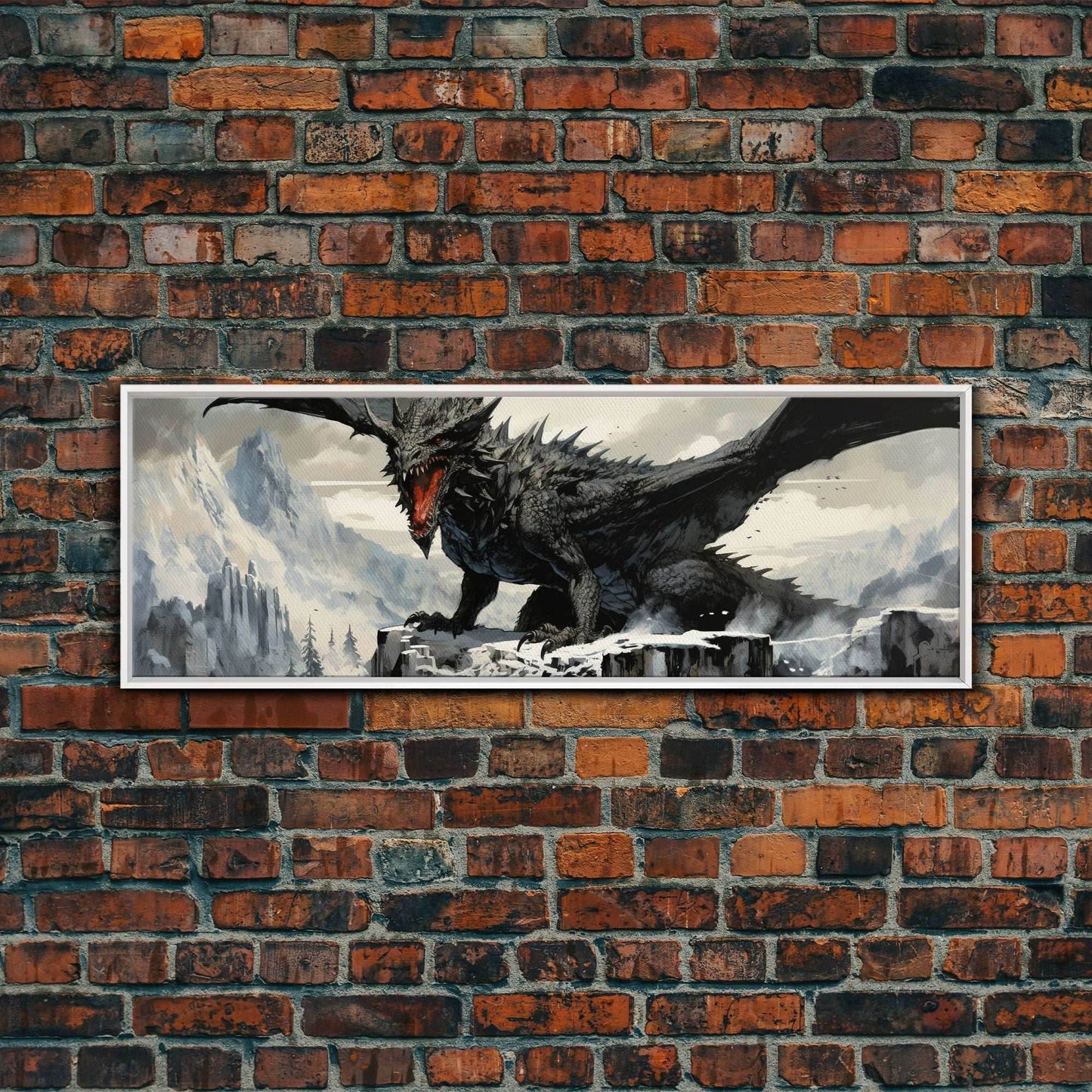 Dragon Painting, Framed Canvas Print, Dragon Art, Fantasy Art, Fantasy Painting, Watercolor Dragon Painting, Art Print - 10x30 Inches / White Frame