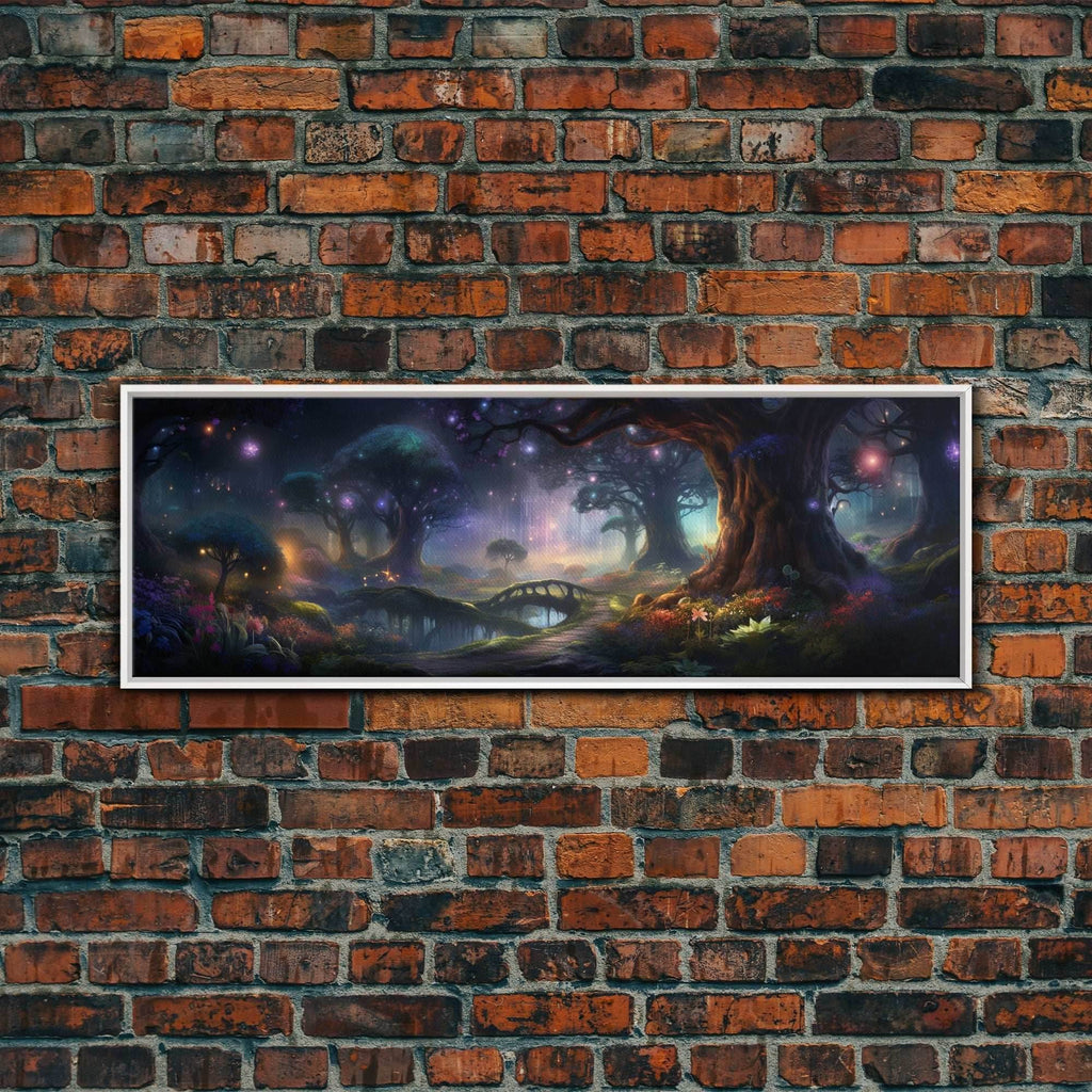 Spiritual Fantasy Forest Wall Art Print, Lanterns and Glowing Trees and Rivers, Fantasy Painting, Living Room Wall Art - 10x30 Inches / White Frame