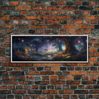 Spiritual Fantasy Forest Wall Art Print, Lanterns and Glowing Trees and Rivers, Fantasy Painting, Living Room Wall Art - 10x30 Inches / White Frame