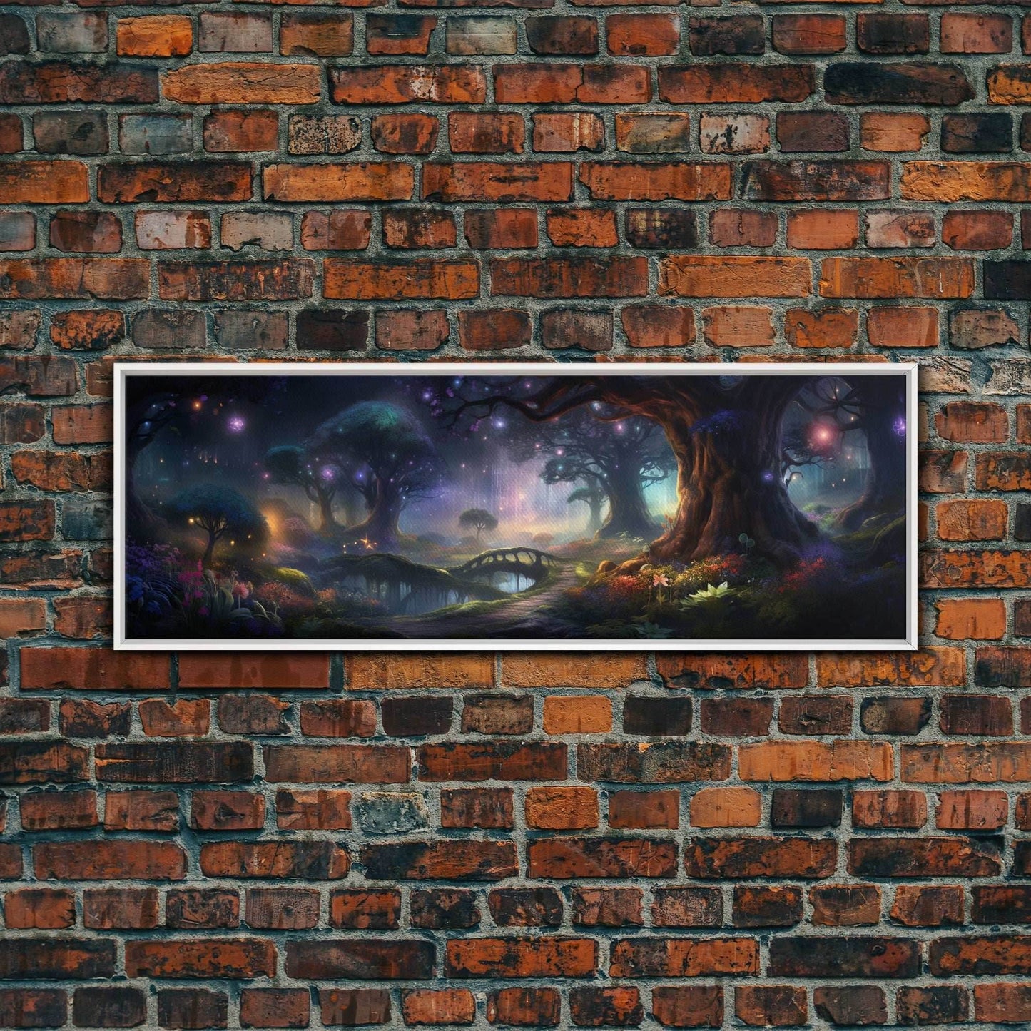 Spiritual Fantasy Forest Wall Art Print, Lanterns and Glowing Trees and Rivers, Fantasy Painting, Living Room Wall Art - 10x30 Inches / White Frame