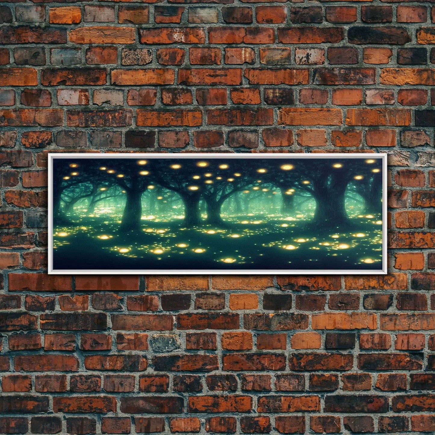 Fantasy Forest At Night With Fireflies, Extra Large Wall Art, Framed Panoramic Canvas Print, Framed Wall Art - 10x30 Inches / White Frame