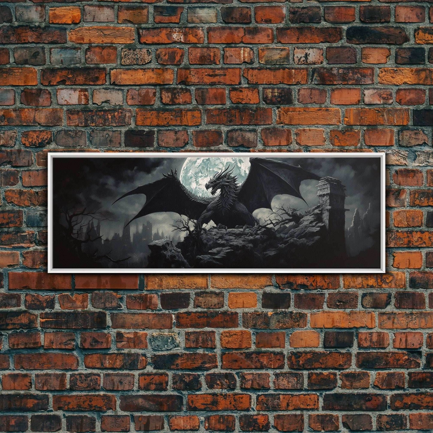 The Dragon, Framed Canvas Print, Panoramic Fantasy Painting, Fantasy Decor, Dragon Art, Dragon Painting, Dragon art print - 10x30 Inches / White Frame