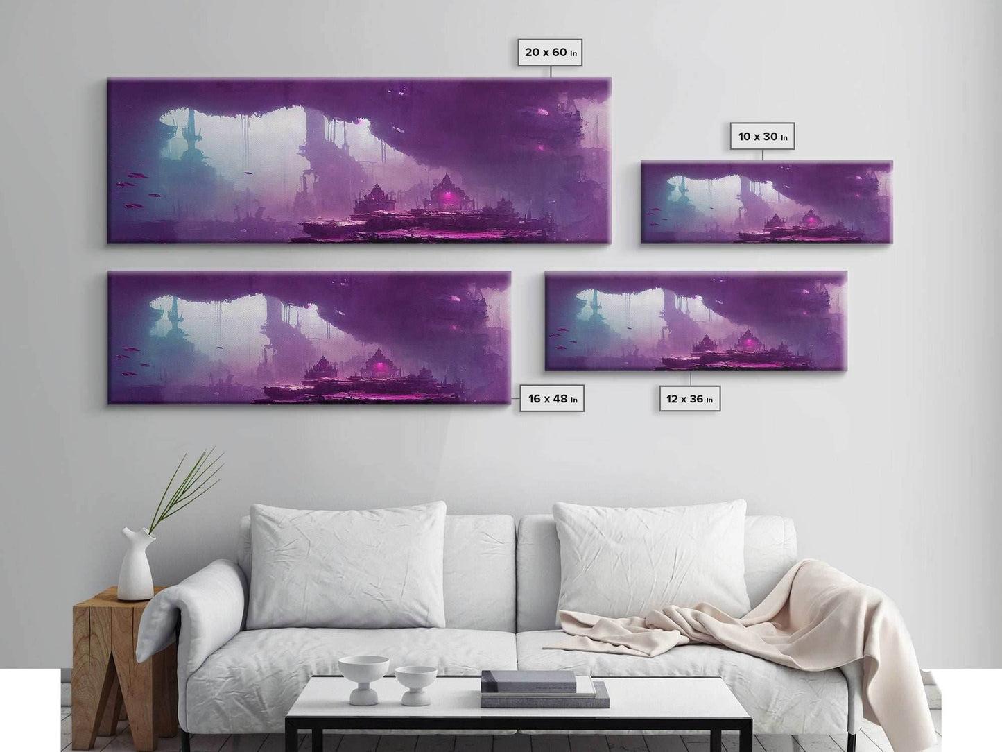 Panoramic Fantasy Underwater City, Purple Art, Extra Large Wall Art, Framed Panoramic Canvas Print, Framed Wall Decor - 10x30 Inches / Gallery Wrap Canvas - Ready To Hang