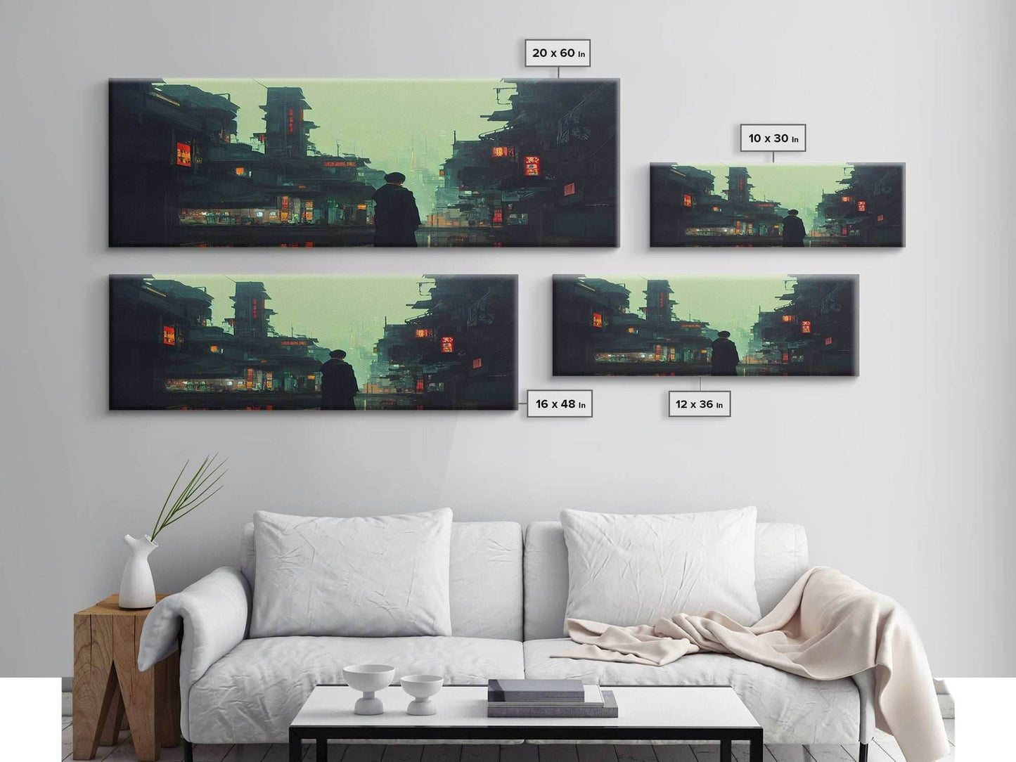 80s style Cyberpunk Japanese City, Retro Punk Tokyo, Framed Canvas Print, Framed Wall Art, Large Panoramic Wall Decor - 10x30 Inches / Gallery Wrap Canvas - Ready To Hang
