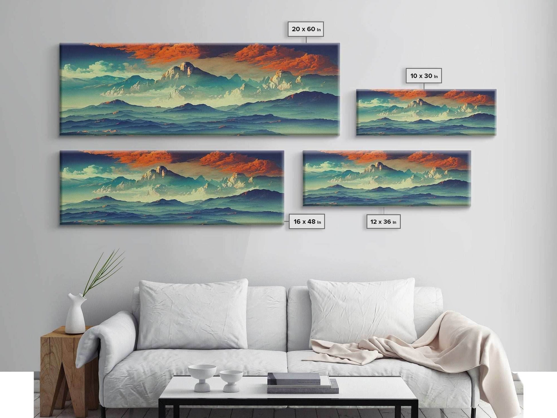 Beautiful Fantasy Mountain Landscape With Orange Clouds, Framed Canvas Print, Ready To Hang Panoramic Wall Decorr - 10x30 Inches / Gallery Wrap Canvas - Ready To Hang