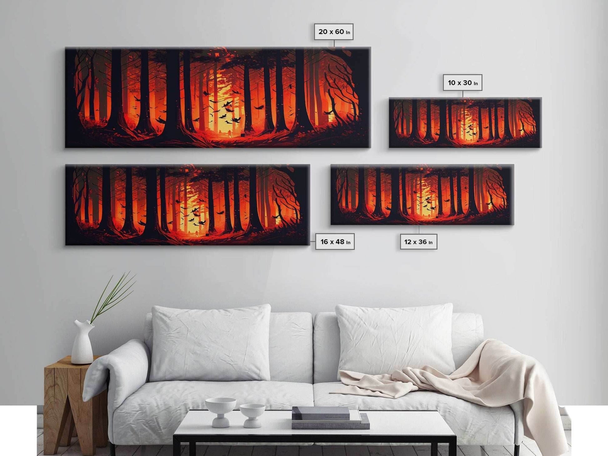 Forest Landscape Art, Forest Fire, Fall / Autumn Decor, Panoramic Wall Art, Framed Canvas Print, Orange and Yellow Fantasy Forest - 10x30 Inches / Gallery Wrap Canvas - Ready To Hang