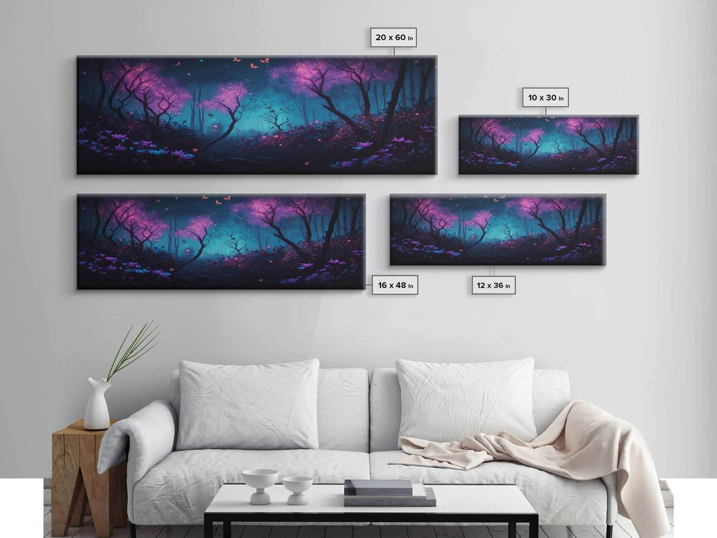 Beautiful Fantasy Forest, Framed Canvas Print, Fantasy Art, Butterflies and Fireflies Light up a Fairy Forest At Night, Framed Wall Art - 10x30 Inches / Gallery Wrap Canvas - Ready To Hang