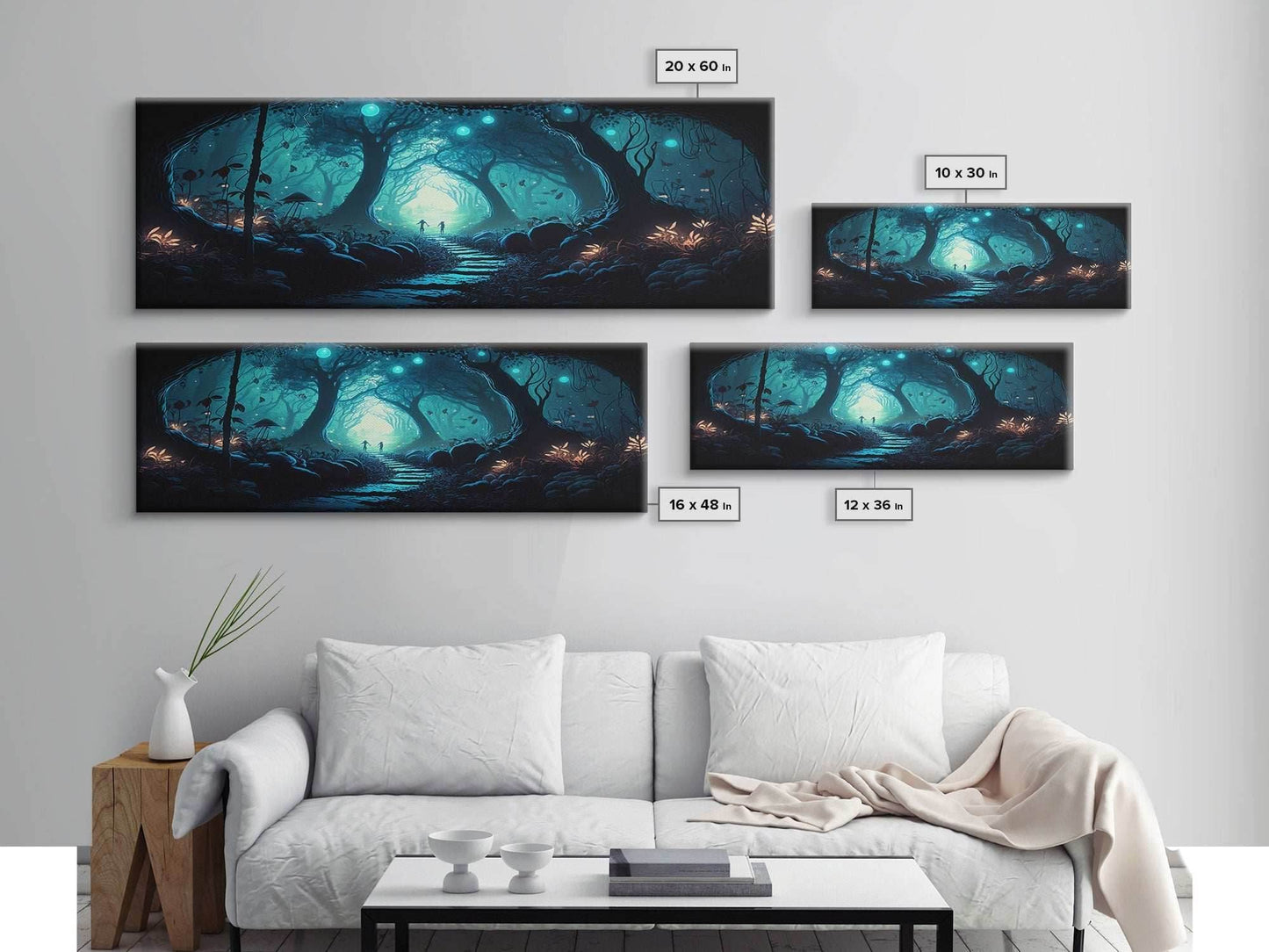 The mycelium Networrk, Fantasy Art, Framed Canvas Print, Bioluminescent Fantasy Forest At Night, Blue Glowing Ambience Art - 10x30 Inches / Gallery Wrap Canvas - Ready To Hang