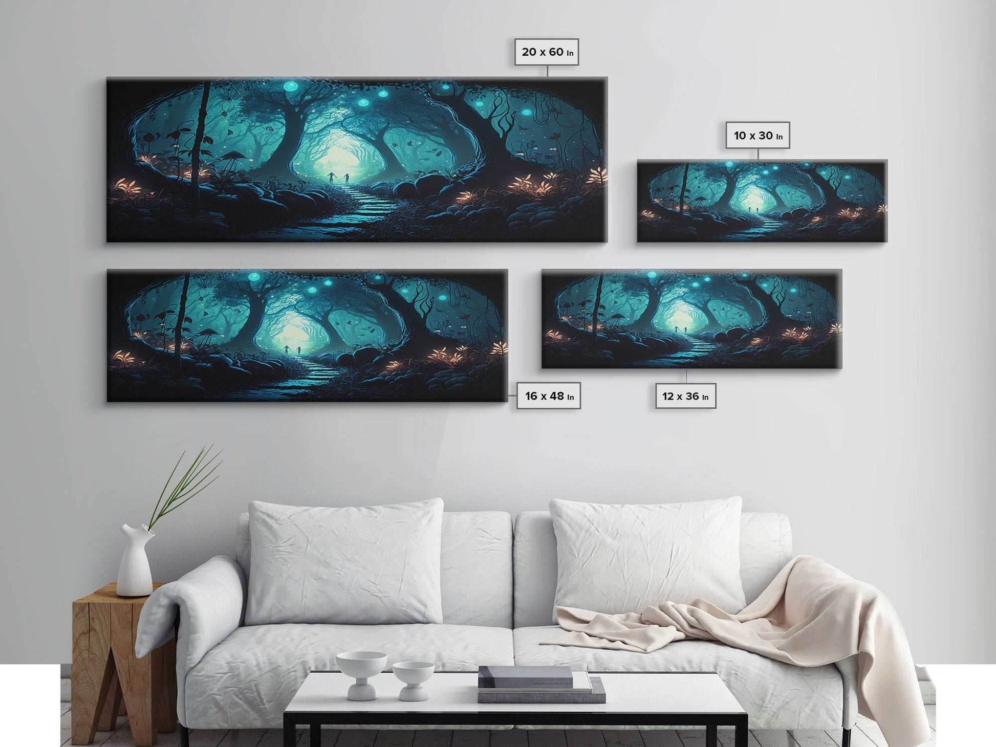 The mycelium Networrk, Fantasy Art, Framed Canvas Print, Bioluminescent Fantasy Forest At Night, Blue Glowing Ambience Art - 10x30 Inches / Gallery Wrap Canvas - Ready To Hang
