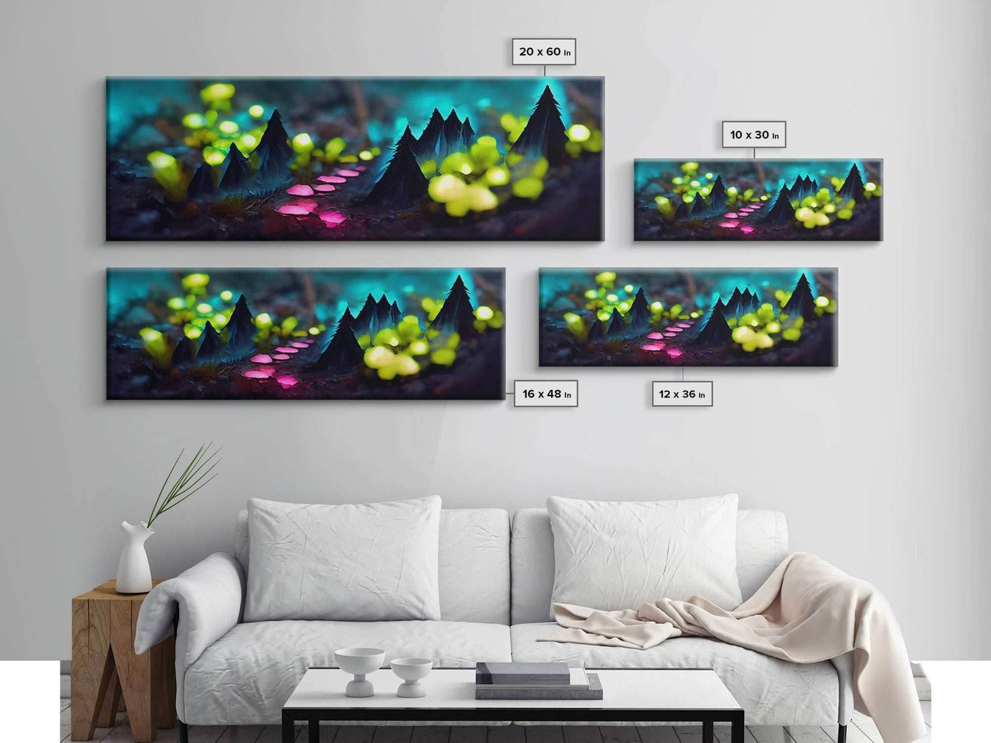 Luminescent trail in the forest, fantasy art, RPG concept art, tiny worlds, glowing mushrooms , Ready To Hang Canvas Print, Panoramic Art, - 10x30 Inches / Gallery Wrap Canvas - Ready To Hang