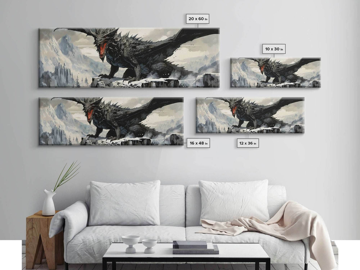 Dragon Painting, Framed Canvas Print, Dragon Art, Fantasy Art, Fantasy Painting, Watercolor Dragon Painting, Art Print - 10x30 Inches / Gallery Wrap Canvas - Ready To Hang
