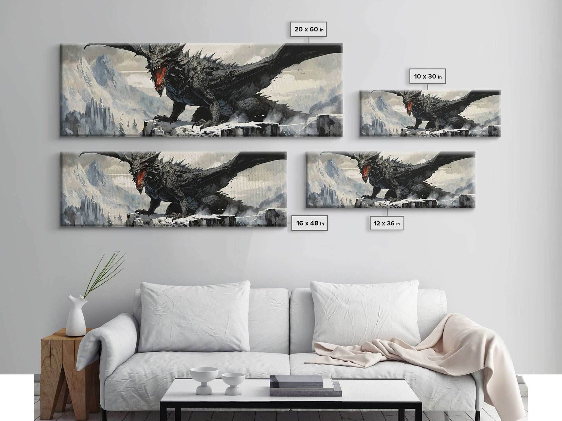 Dragon Painting, Framed Canvas Print, Dragon Art, Fantasy Art, Fantasy Painting, Watercolor Dragon Painting, Art Print - 10x30 Inches / Gallery Wrap Canvas - Ready To Hang