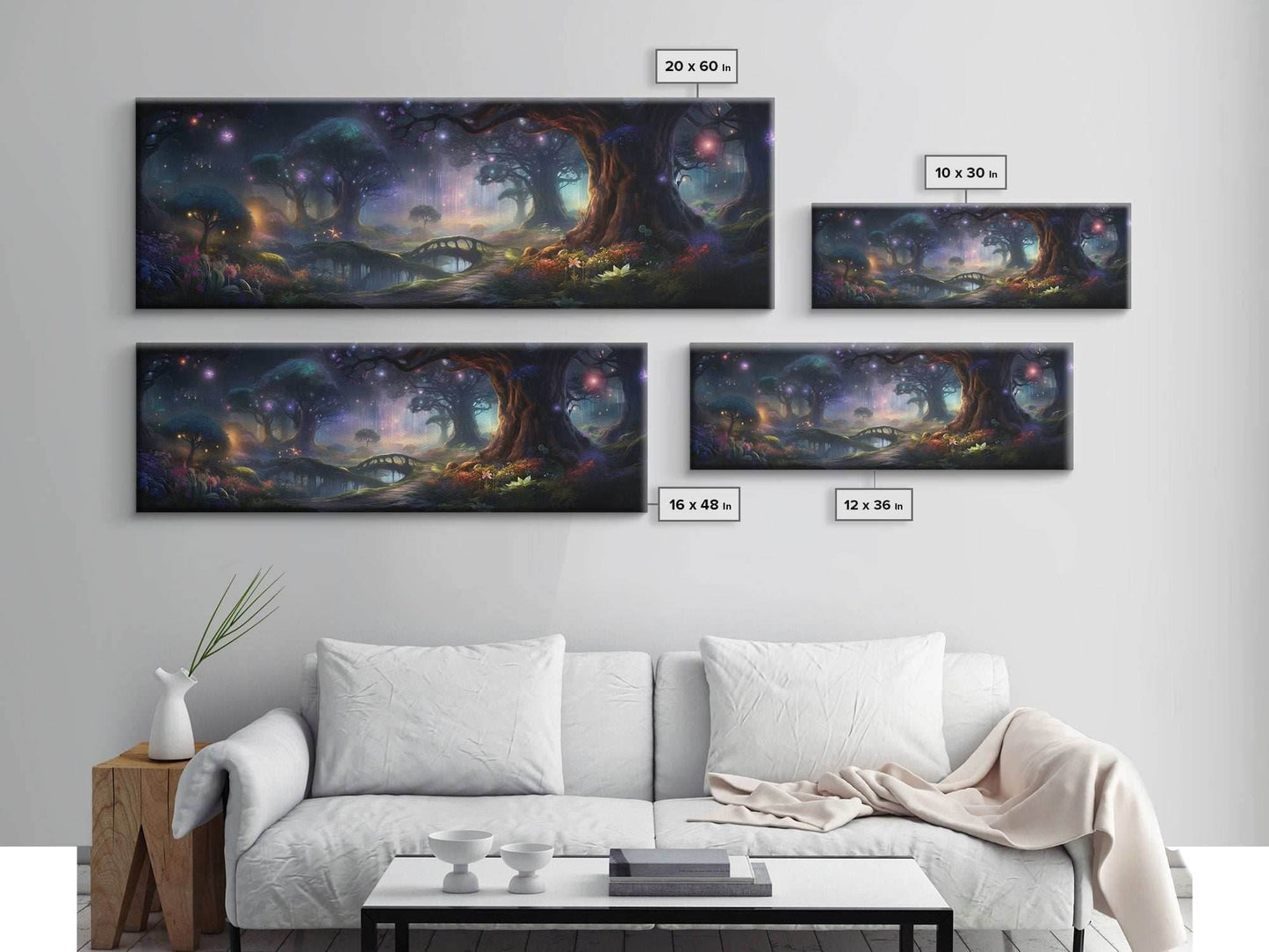 Spiritual Fantasy Forest Wall Art Print, Lanterns and Glowing Trees and Rivers, Fantasy Painting, Living Room Wall Art - 10x30 Inches / Gallery Wrap Canvas - Ready To Hang