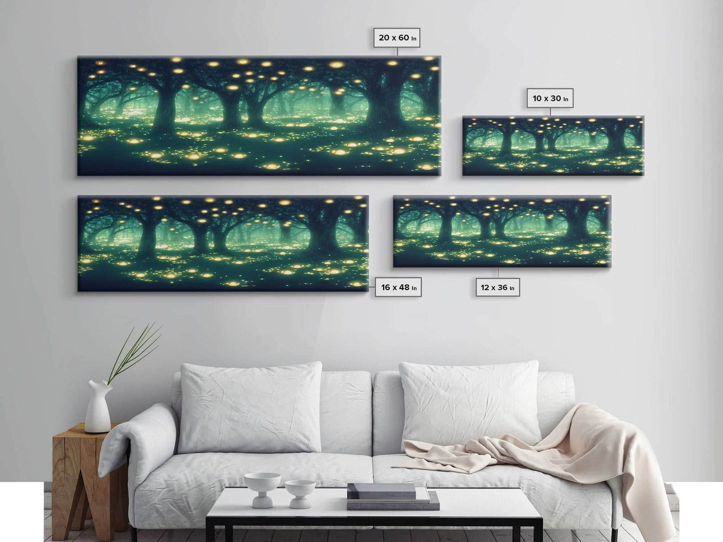 Fantasy Forest At Night With Fireflies, Extra Large Wall Art, Framed Panoramic Canvas Print, Framed Wall Art - 10x30 Inches / Gallery Wrap Canvas - Ready To Hang
