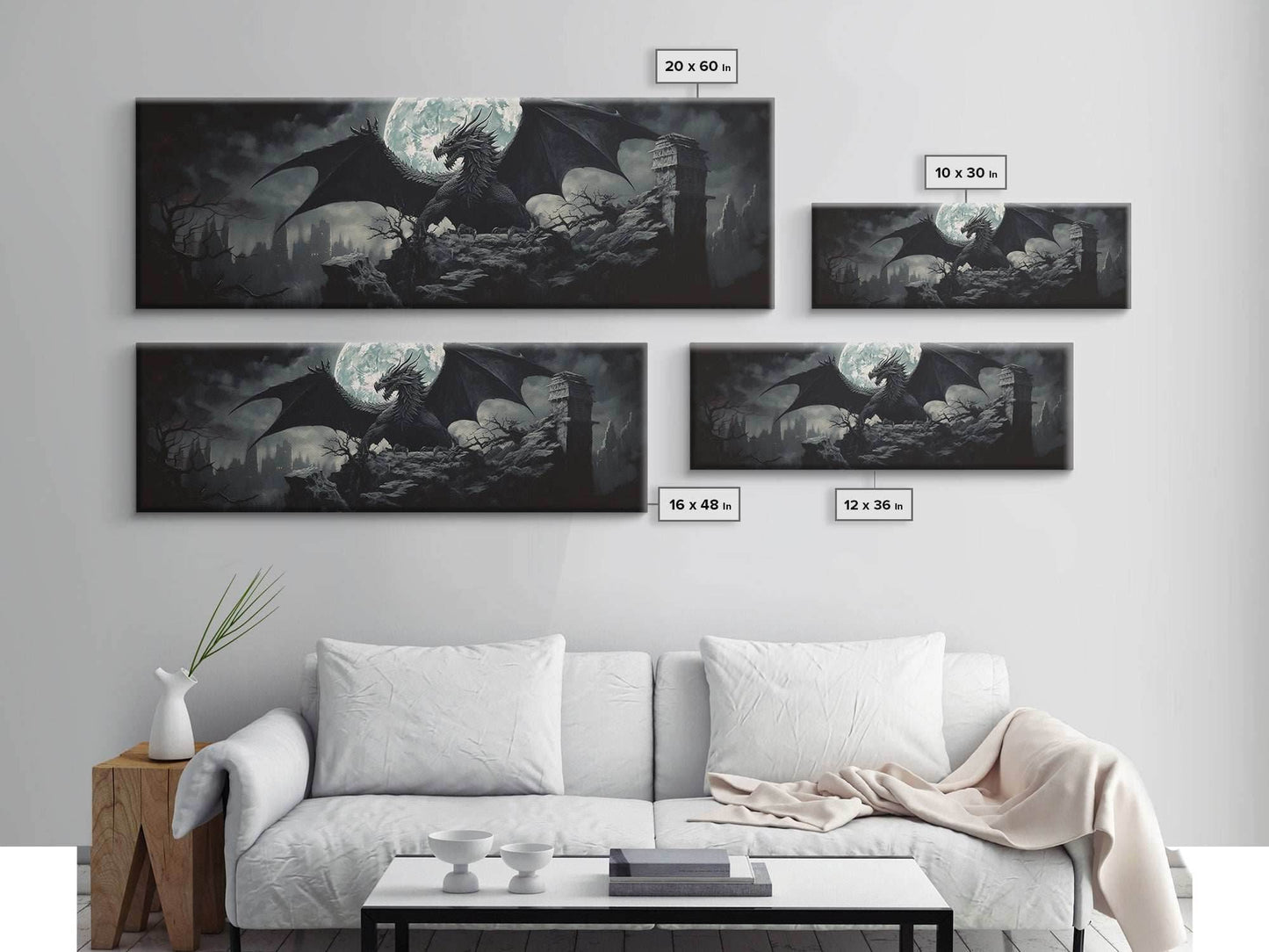 The Dragon, Framed Canvas Print, Panoramic Fantasy Painting, Fantasy Decor, Dragon Art, Dragon Painting, Dragon art print - 10x30 Inches / Gallery Wrap Canvas - Ready To Hang