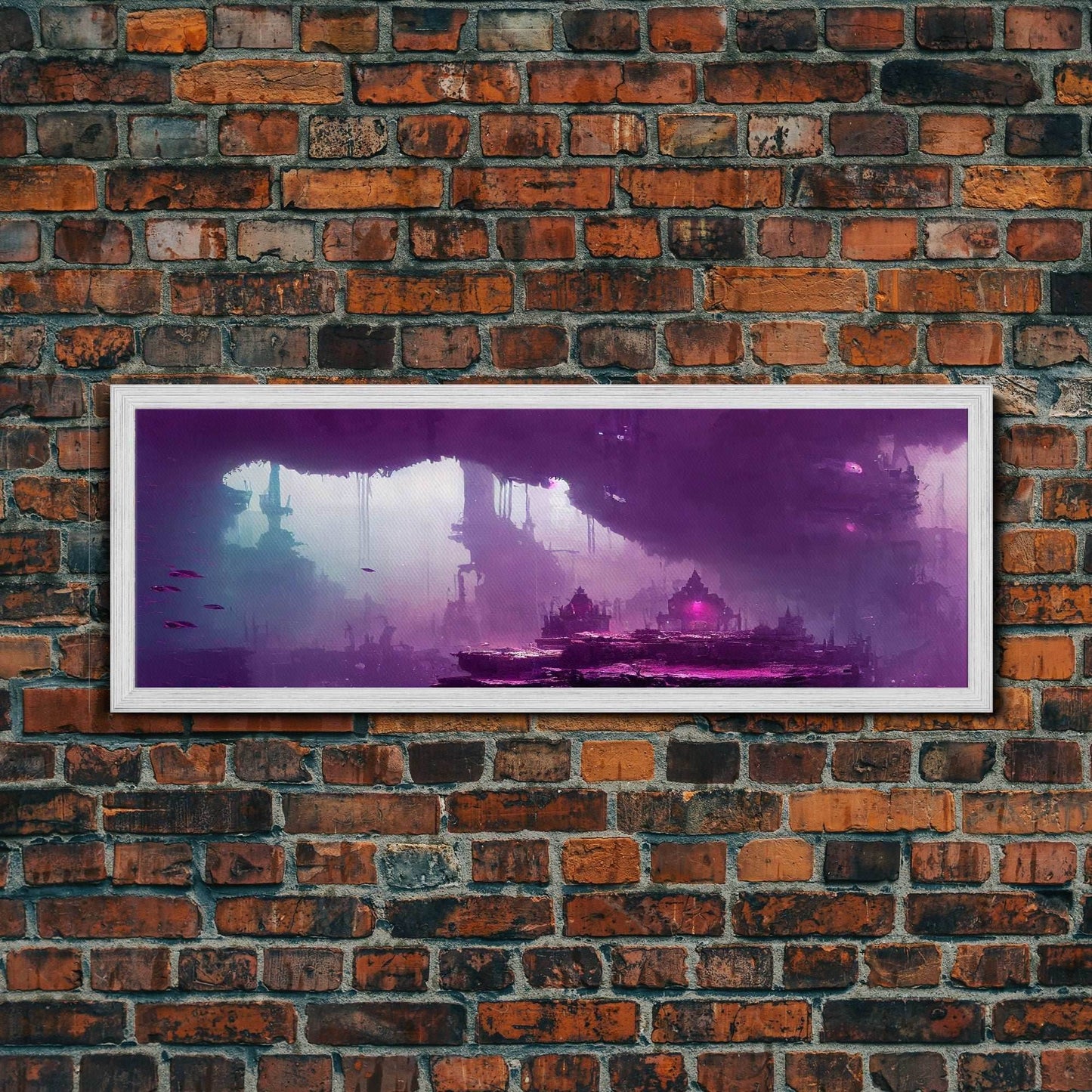 Panoramic Fantasy Underwater City, Purple Art, Extra Large Wall Art, Framed Panoramic Canvas Print, Framed Wall Decor - 10x30 Inches / Gold Frame