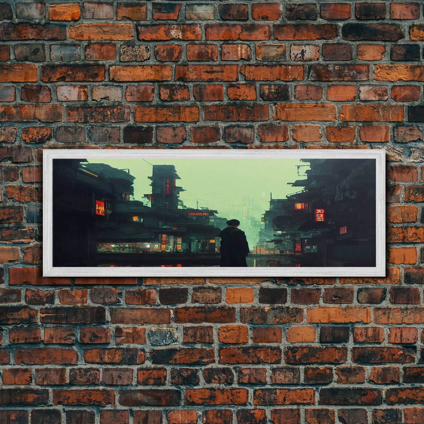 80s style Cyberpunk Japanese City, Retro Punk Tokyo, Framed Canvas Print, Framed Wall Art, Large Panoramic Wall Decor - 10x30 Inches / Gold Frame