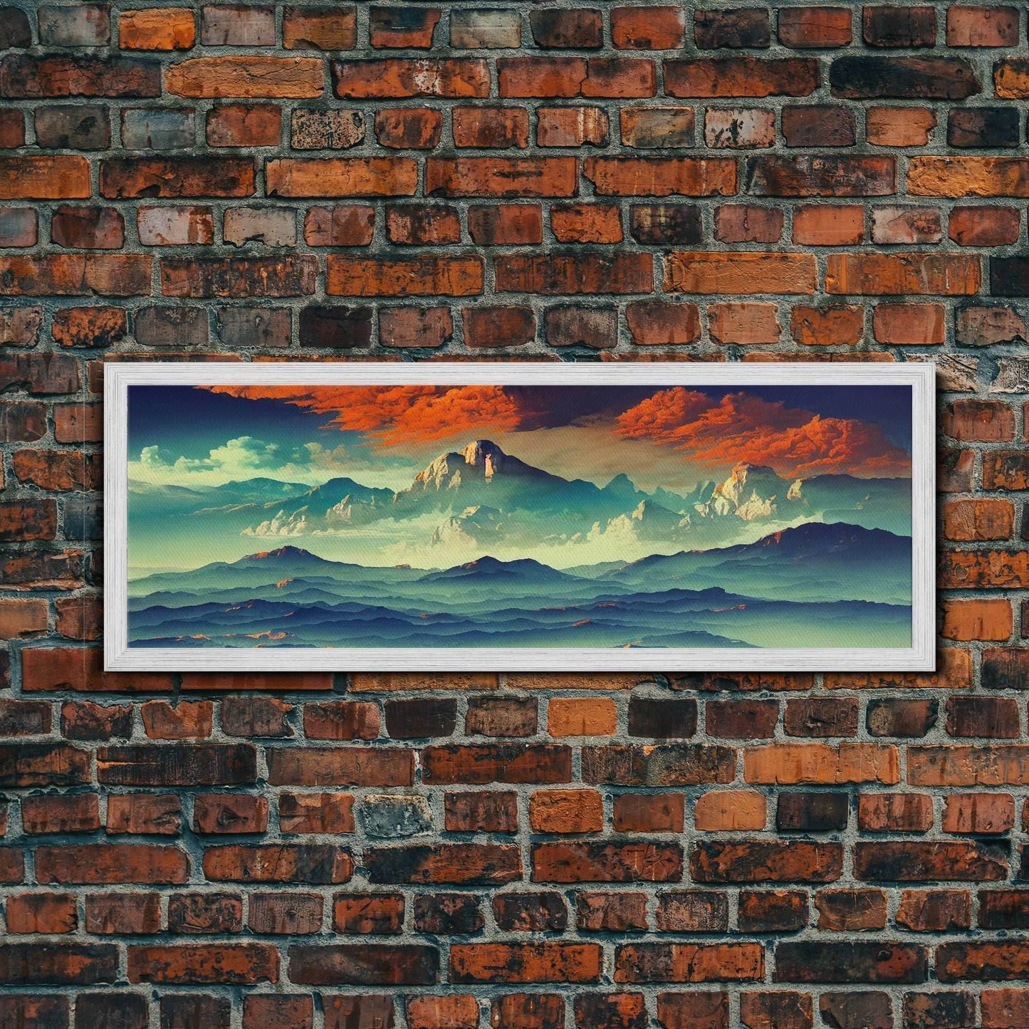 Beautiful Fantasy Mountain Landscape With Orange Clouds, Framed Canvas Print, Ready To Hang Panoramic Wall Decorr - 10x30 Inches / Gold Frame