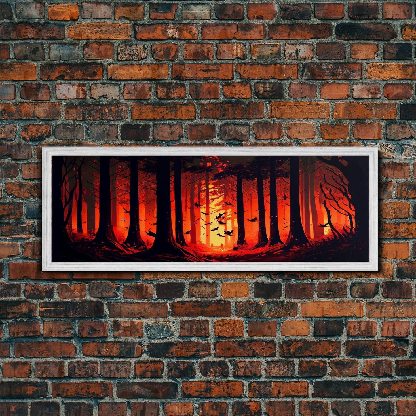Forest Landscape Art, Forest Fire, Fall / Autumn Decor, Panoramic Wall Art, Framed Canvas Print, Orange and Yellow Fantasy Forest - 10x30 Inches / Gold Frame