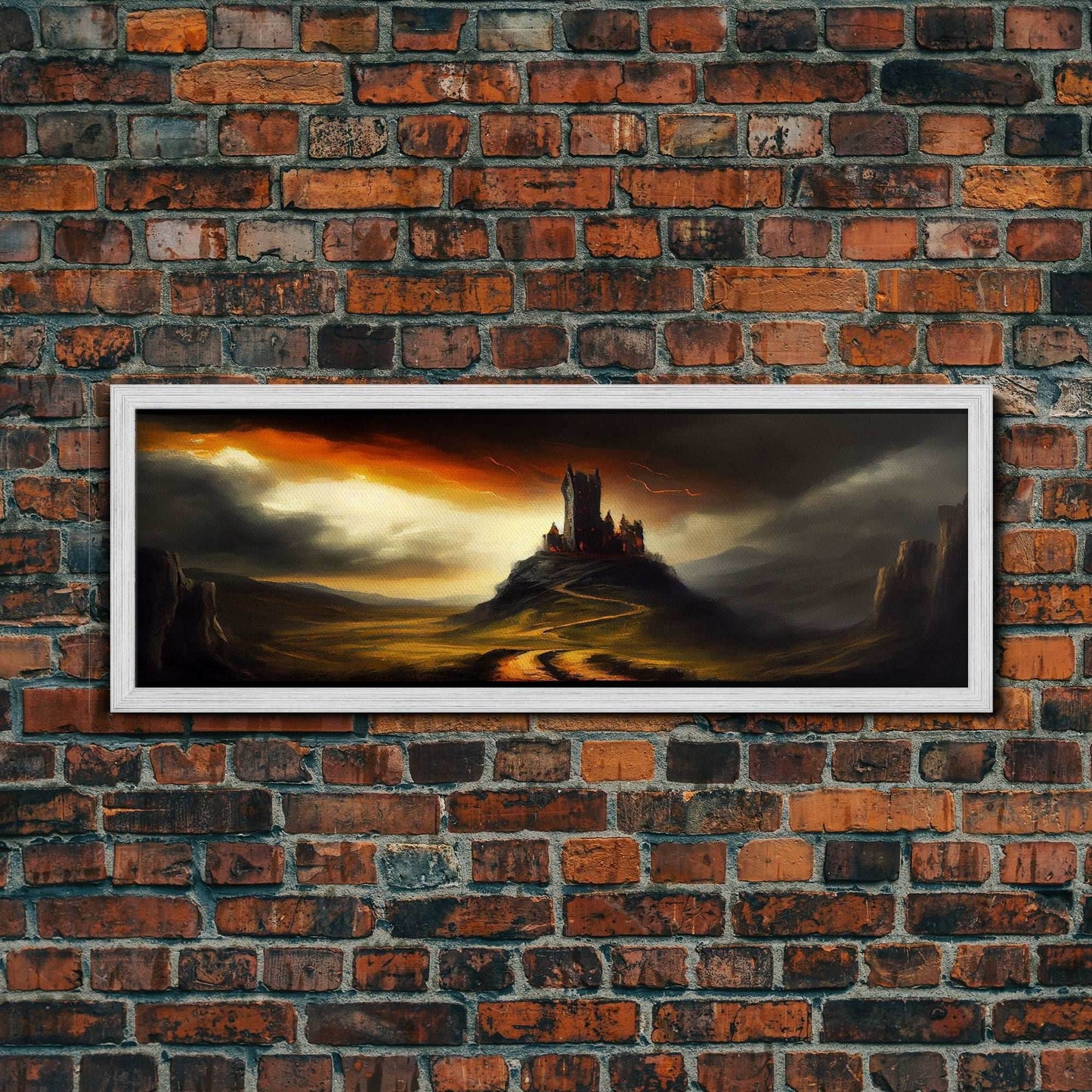 Panoramic Dark Fantasy Wall Art, Framed Canvas, Wood Frame Art, The Dark Castle Oil Painting Fantasy Decor, DND Art - 10x30 Inches / Gold Frame