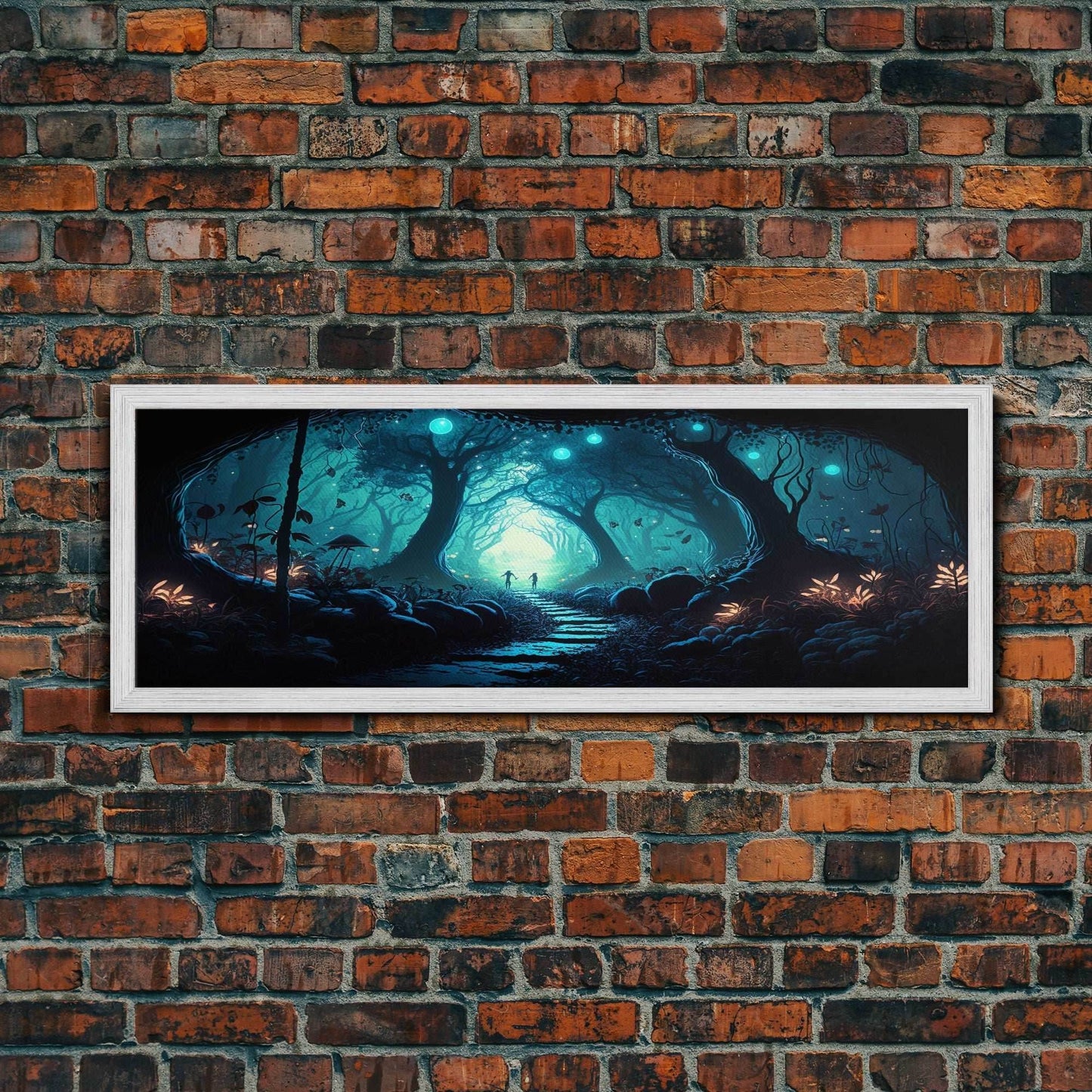 The mycelium Networrk, Fantasy Art, Framed Canvas Print, Bioluminescent Fantasy Forest At Night, Blue Glowing Ambience Art - 10x30 Inches / Gold Frame