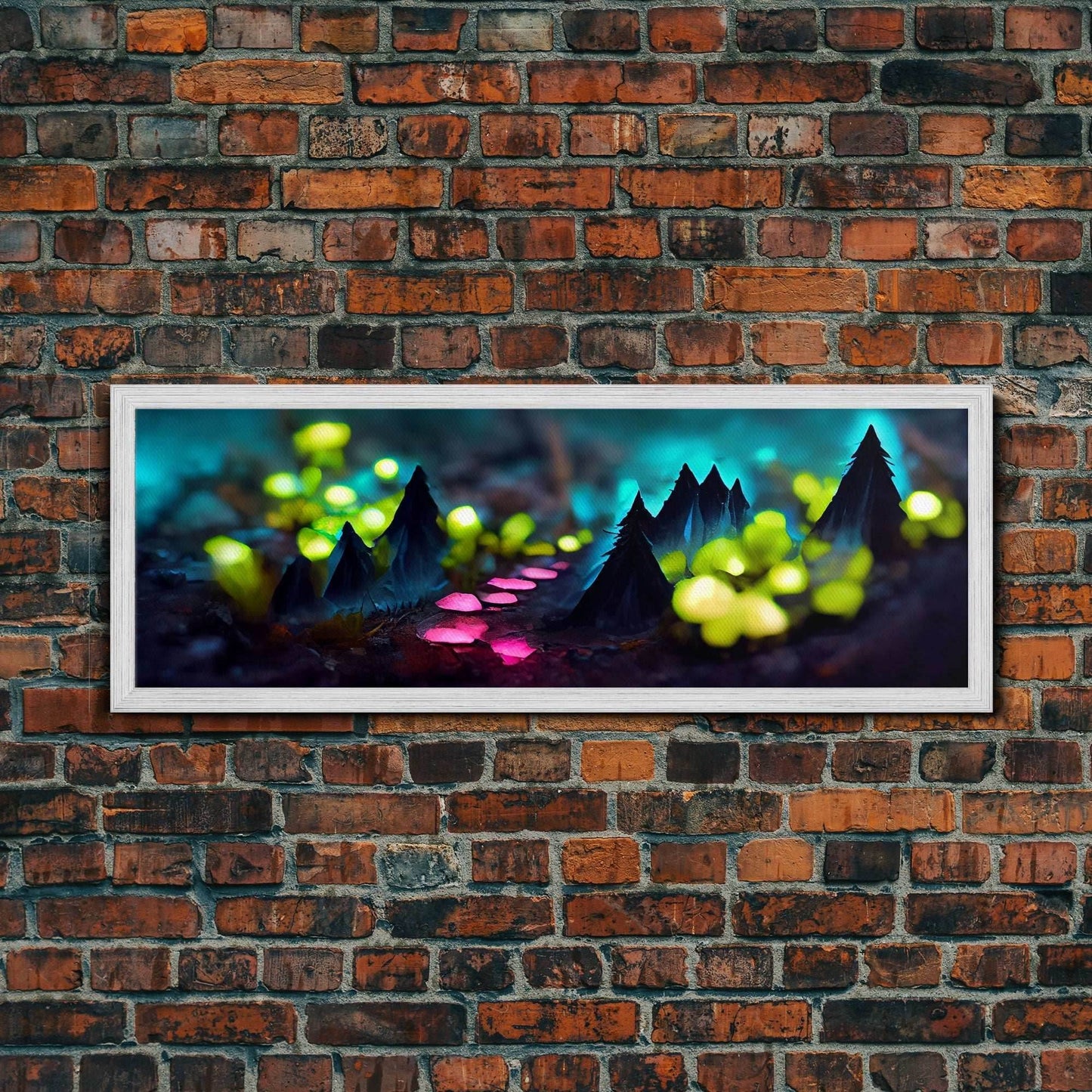 Luminescent trail in the forest, fantasy art, RPG concept art, tiny worlds, glowing mushrooms , Ready To Hang Canvas Print, Panoramic Art, - 10x30 Inches / Gold Frame