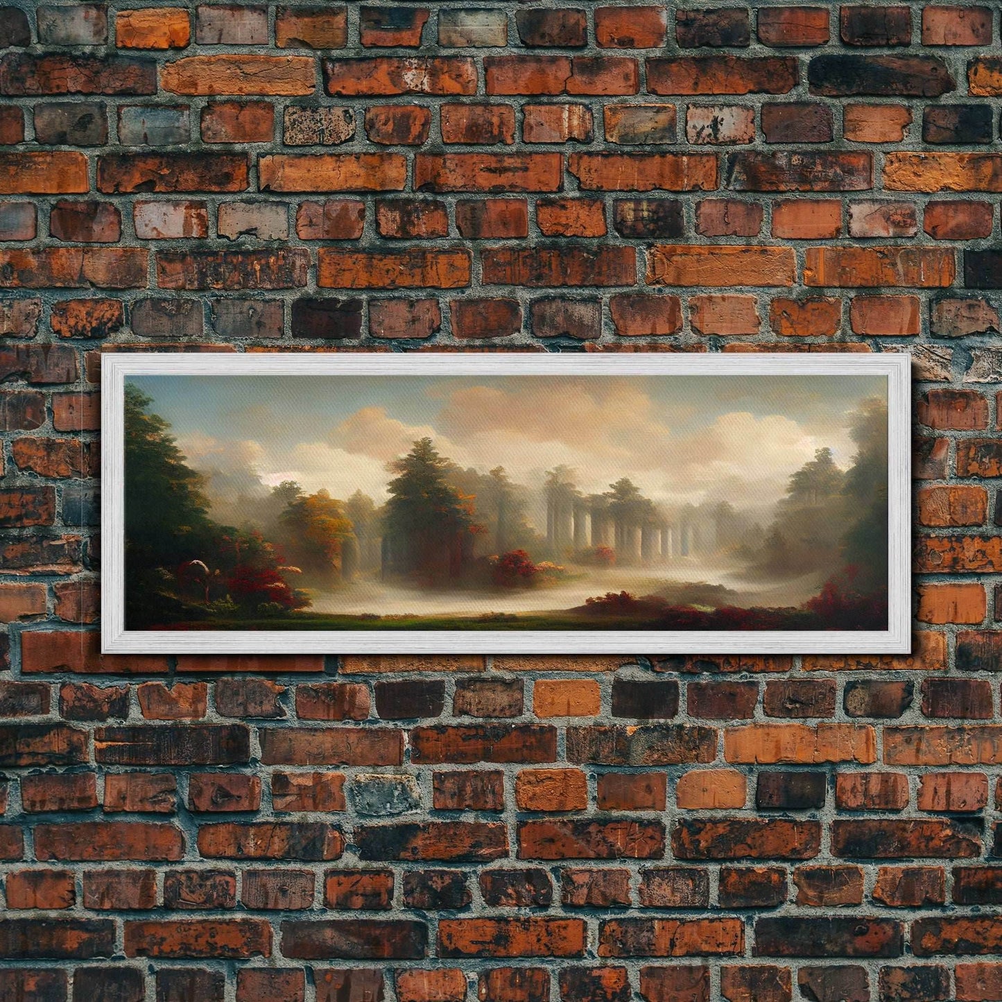Hazy Forest Fantasy Art, Ready To Hang Canvas Print, Panoramic Art, Fog Covered Forest High Fantasy RPG Concept Art - 10x30 Inches / Gold Frame