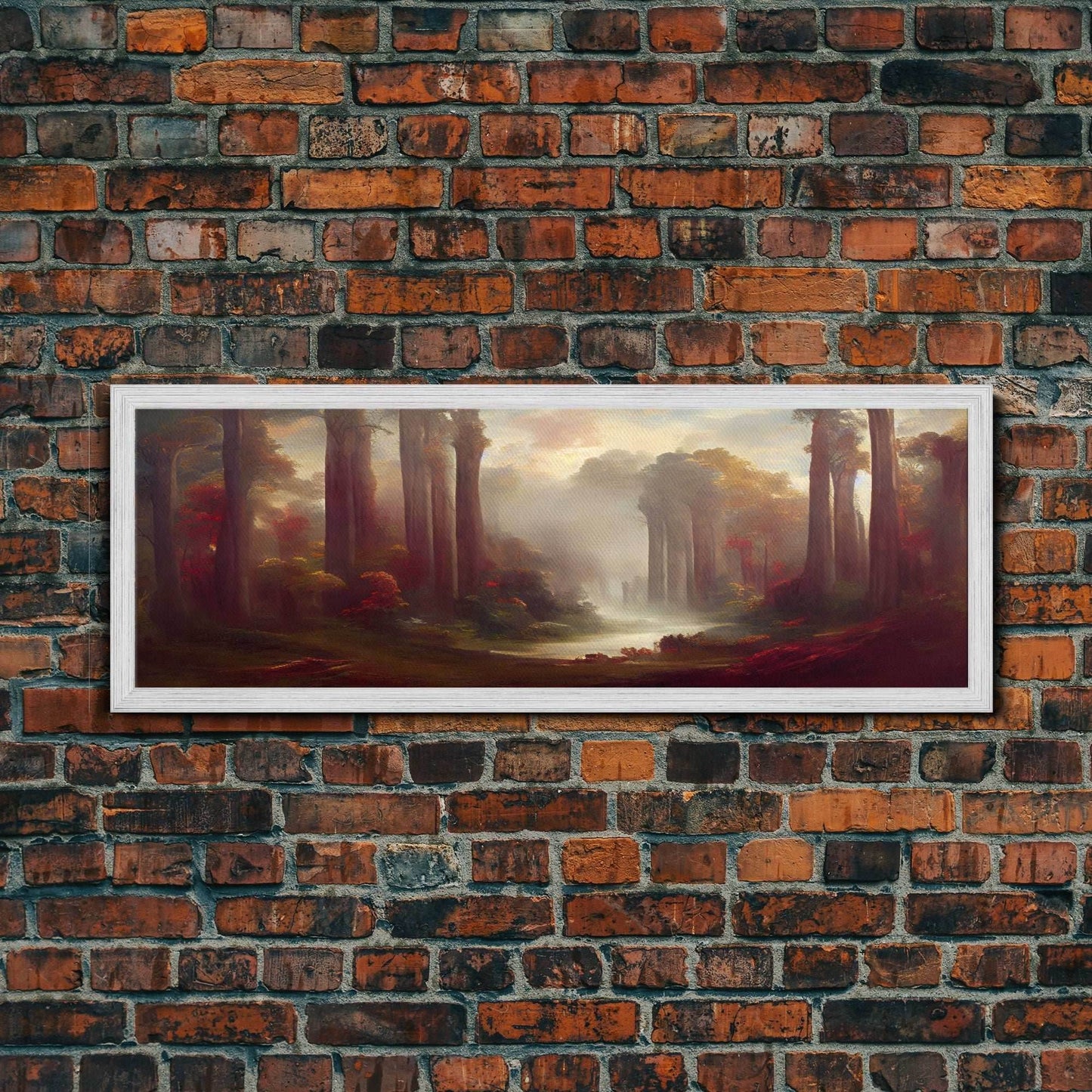 Hazy Forest Fantasy Art, Ready To Hang Canvas Print, Panoramic Art, Fog Covered Forest High Fantasy RPG Concept Art - 10x30 Inches / Gold Frame