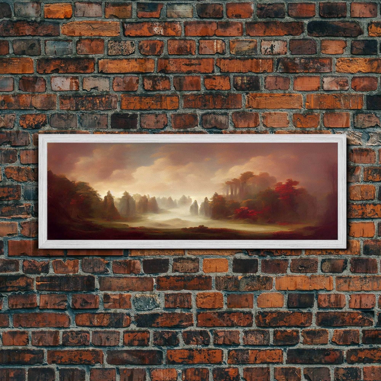 Hazy Forest Fantasy Art, Ready To Hang Canvas Print, Panoramic Art, Fog Covered Forest High Fantasy RPG Concept Art - 10x30 Inches / Gold Frame