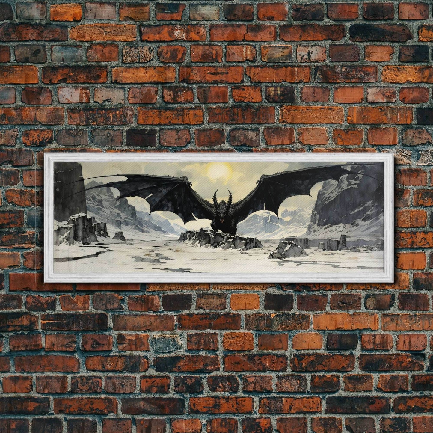 Panoramic Of a Dragon, Framed Canvas Print, Fantasy Decor, Fantasy Dragon Painting - 10x30 Inches / Gold Frame