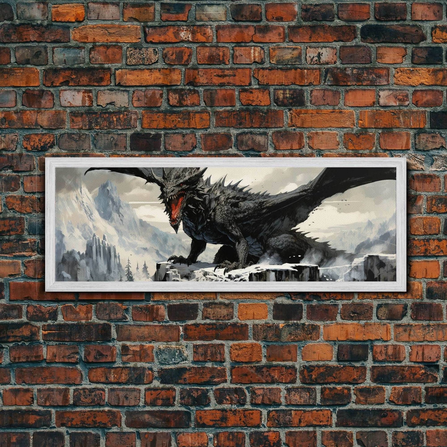 Dragon Painting, Framed Canvas Print, Dragon Art, Fantasy Art, Fantasy Painting, Watercolor Dragon Painting, Art Print - 10x30 Inches / Gold Frame