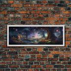 Spiritual Fantasy Forest Wall Art Print, Lanterns and Glowing Trees and Rivers, Fantasy Painting, Living Room Wall Art - 10x30 Inches / Gold Frame