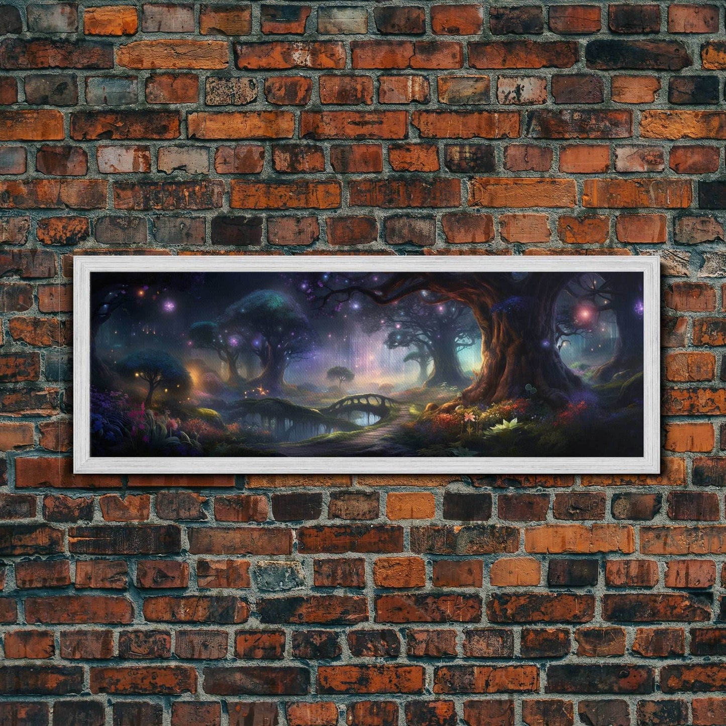 Spiritual Fantasy Forest Wall Art Print, Lanterns and Glowing Trees and Rivers, Fantasy Painting, Living Room Wall Art - 10x30 Inches / Gold Frame