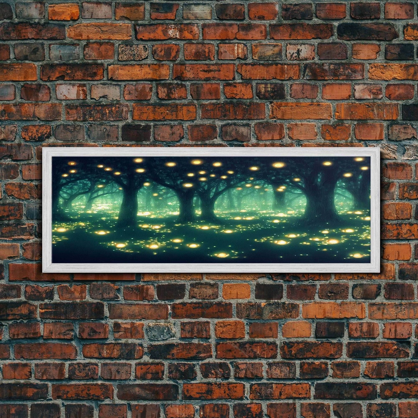 Fantasy Forest At Night With Fireflies, Extra Large Wall Art, Framed Panoramic Canvas Print, Framed Wall Art - 10x30 Inches / Gold Frame