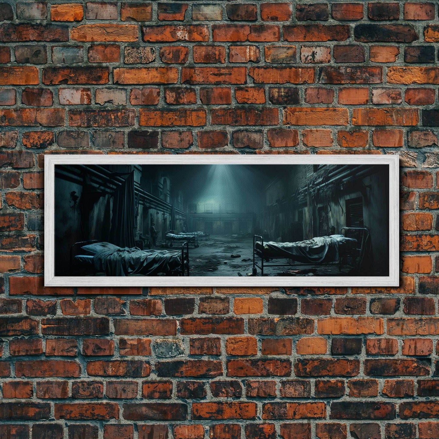 An Abandoned Insane Asylum, Canvas Print Framed Halloween Art, Spooky Decor Panoramic Halloween Art, Halloween Wall Art, Halloween Art Print - 10x30 Inches / Gold Frame
