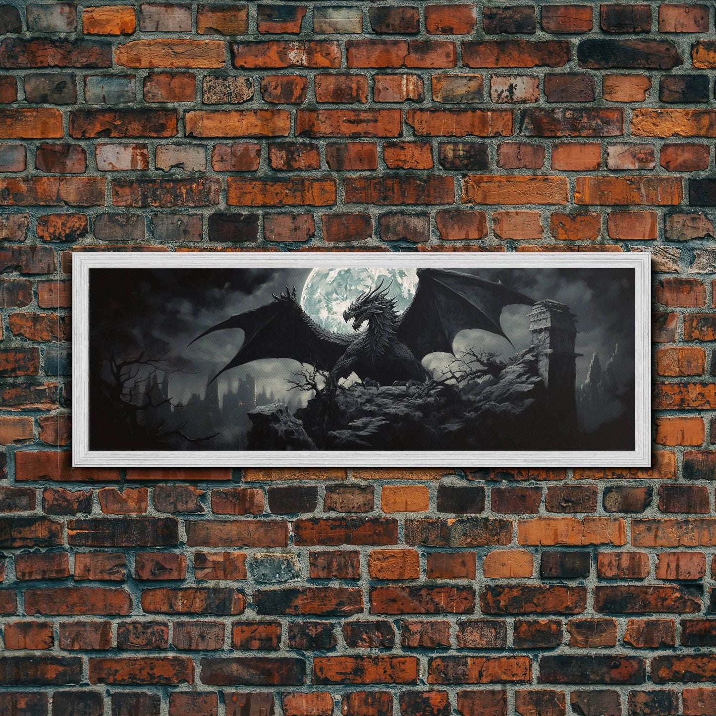 The Dragon, Framed Canvas Print, Panoramic Fantasy Painting, Fantasy Decor, Dragon Art, Dragon Painting, Dragon art print - 10x30 Inches / Gold Frame