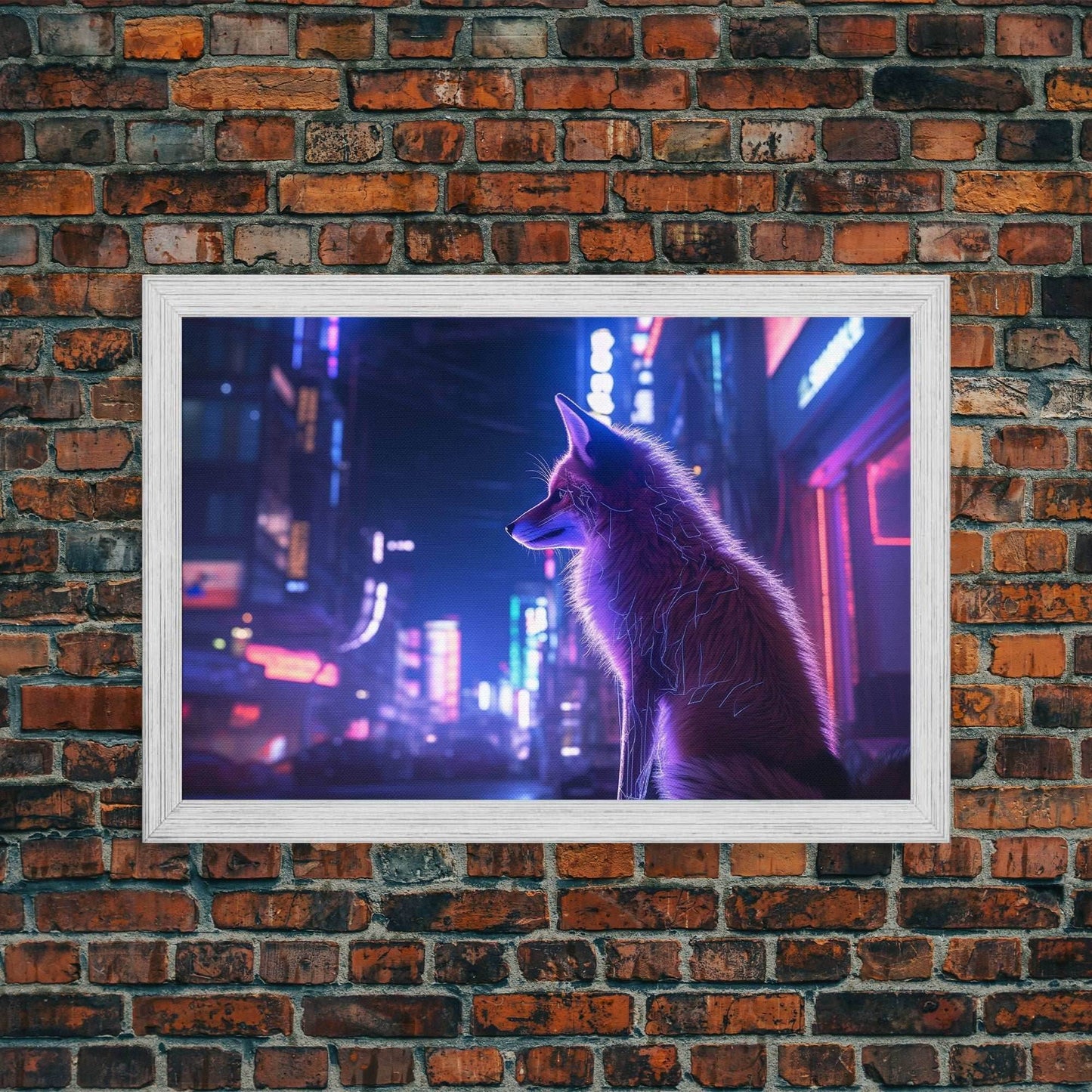 Alley Fox, Cyberpunk city, framed canvas print, urban decay art - 8x12 Inches / Gold Frame