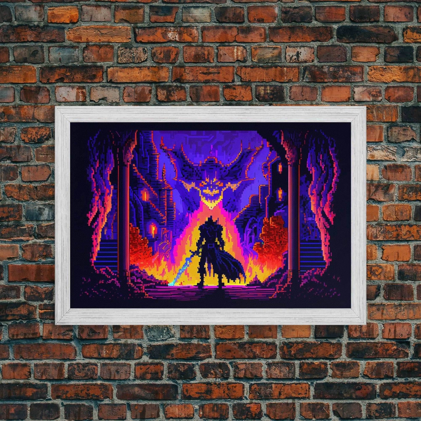 8 bit Pixel art, RPG video game concept art, Paladin faces the Dragon, synthwave style, framed canvas print - 8x12 Inches / Gold Frame
