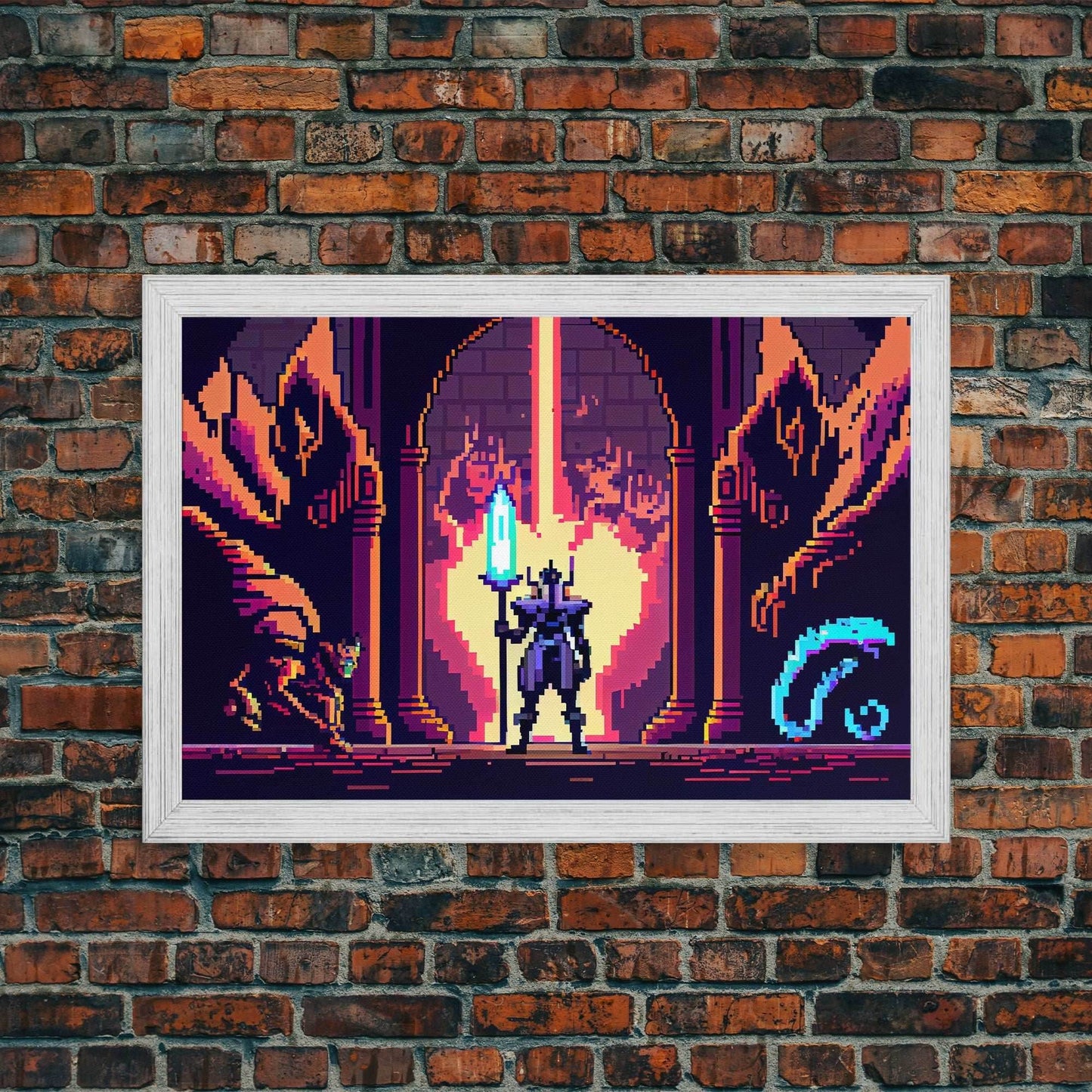 RPG pixel art, fantasy pixel art, Paladin Templar Art, synthwave style, framed canvas print, man cave art - 8x12 Inches / Gold Frame