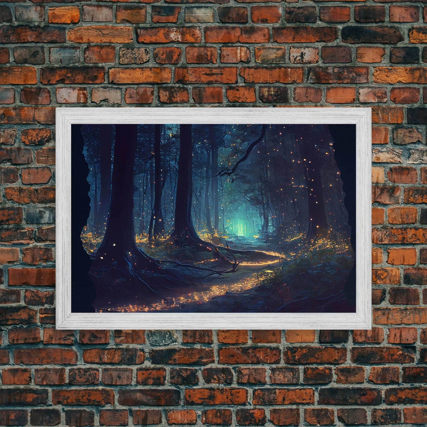 The magical enchanted forest is lit brightly with fireflies at night, framed canvas print, fantasy art - 8x12 Inches / Gold Frame