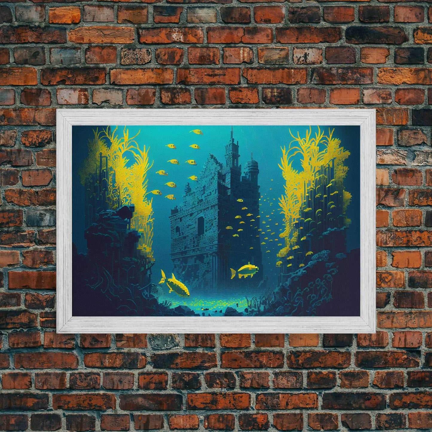 Underwater castle fantasy art, 8 bit pixel art for videogame room, framed canvas print - 8x12 Inches / Gold Frame