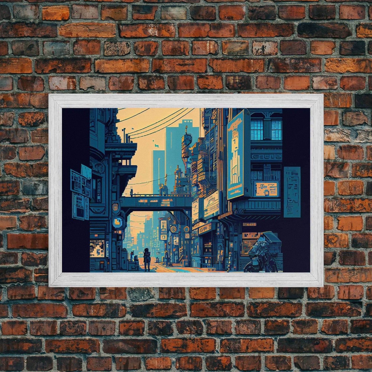 8 bit pixel art cyber punk city, video game concept art, framed canvas print, game room art - 8x12 Inches / Gold Frame
