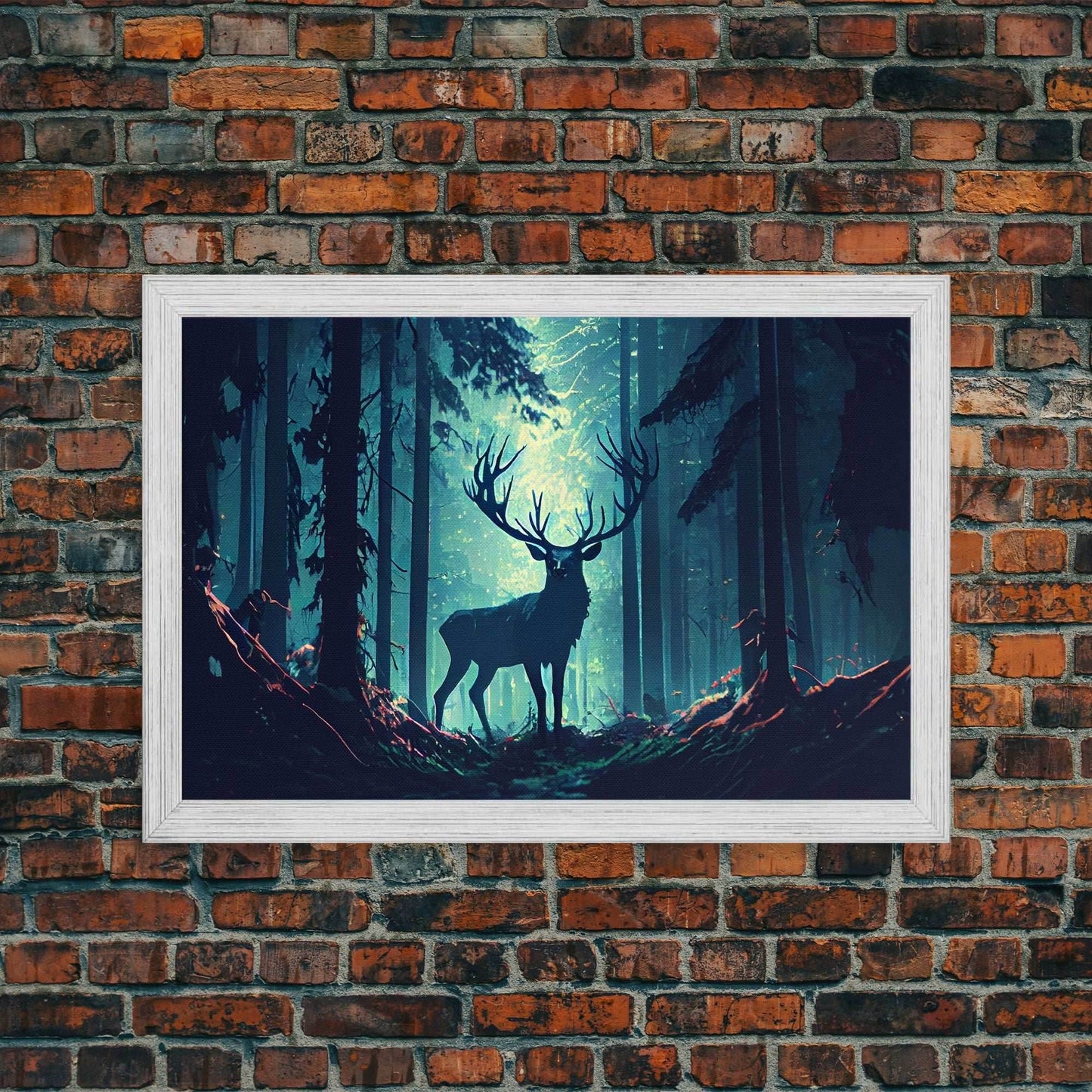 Mythical stag in the forest, fantasy art, framed canvas print, mythical creatures - 8x12 Inches / Gold Frame